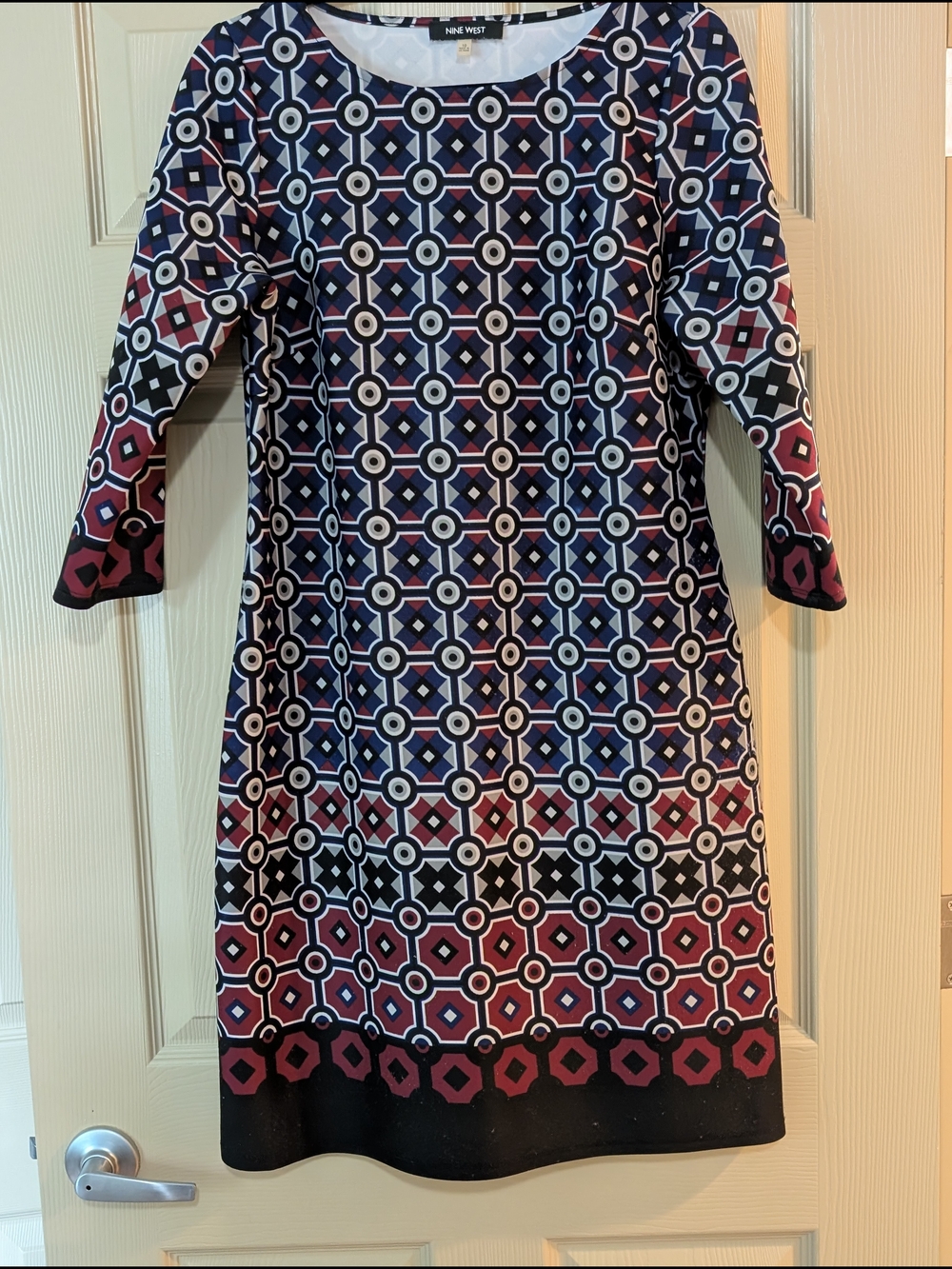 Nine West Navy and Burgundy Geometric Shift Dress